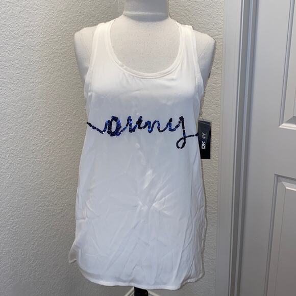 Dkny Tops - DKNY Cream Silk Racerback Sleeveless Tank w/ Blue “DNKY” Logo Sequined NWT Sz M